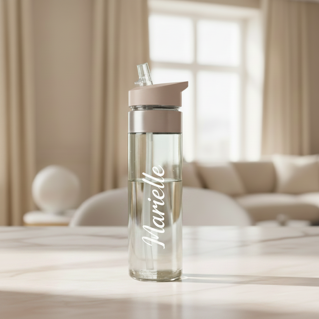 Beige Water Bottle – lock med sugrör