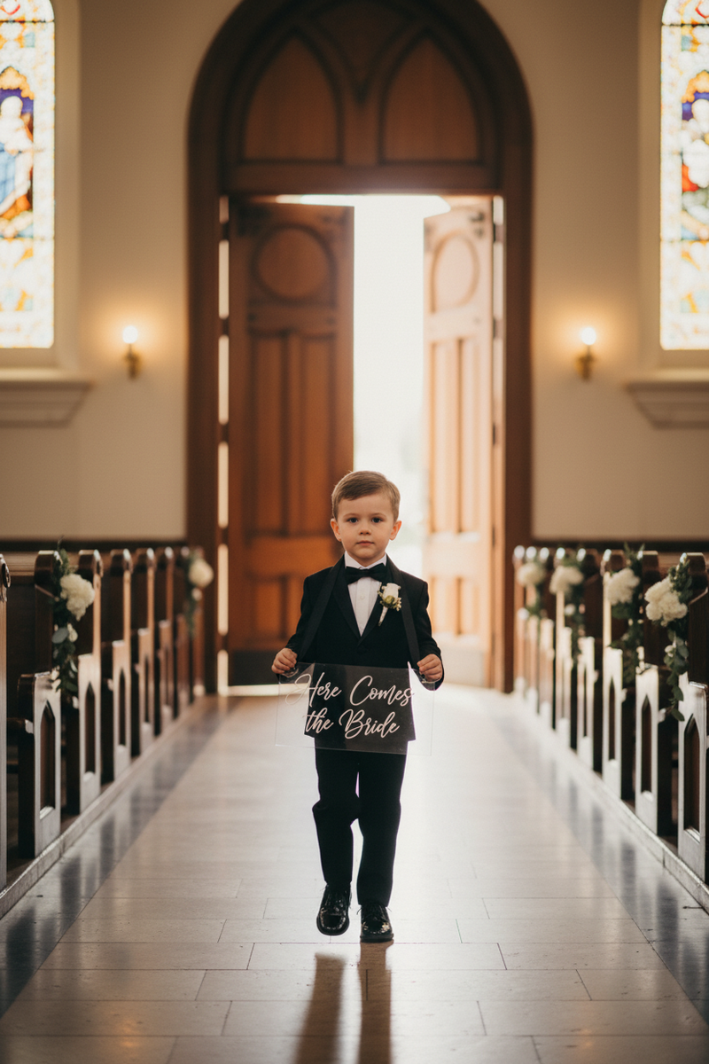Child with sign - white text version