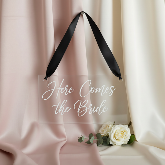 Here comes the bride sign with black ribbon