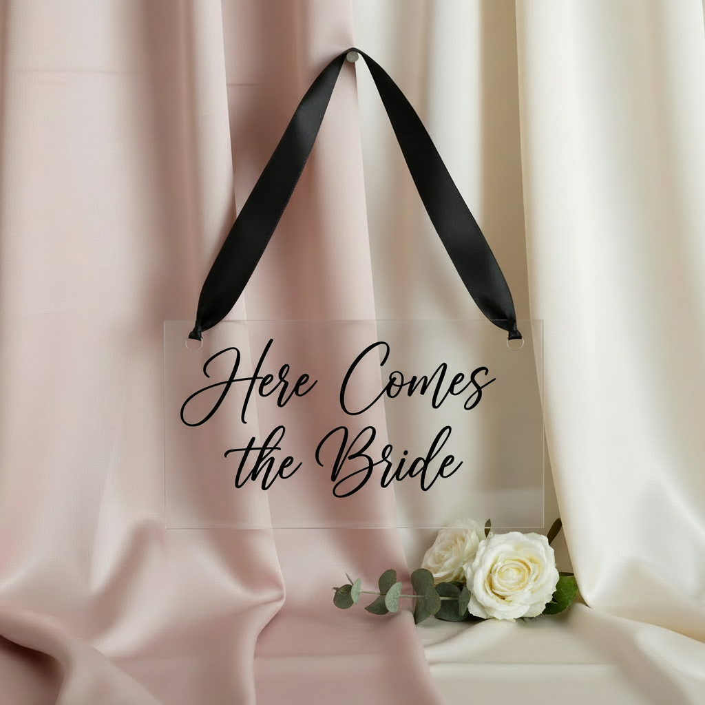 Here comes the bride sign with black text and ribbon