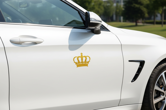 King guld dekal på vit bil