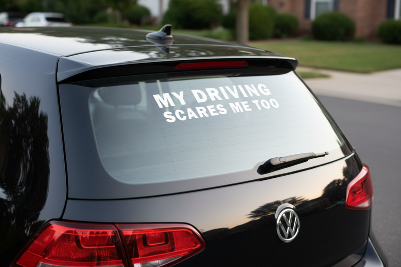 My Driving Scares Me Too vit dekal på svart bil