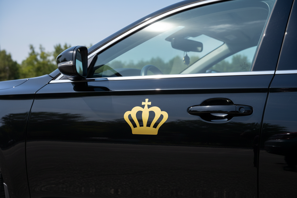 Queen guld dekal på svart bil