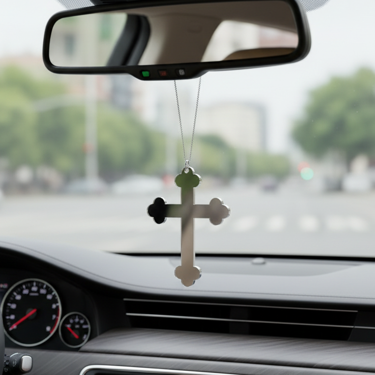 Silver kors på backspegel modern bil