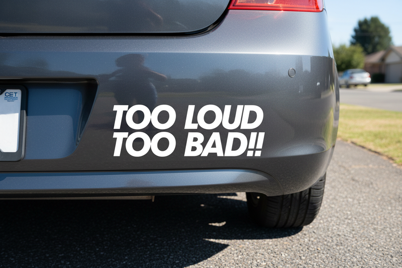 Too Loud Too Bad vit dekal på grå bil